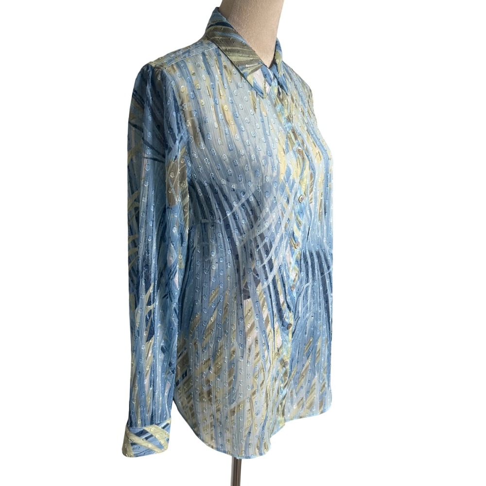 Chico's Abstract Palm Print Clip Dot Metallic Blouse Blue Green Size 1 Medium - Picture 3 of 12